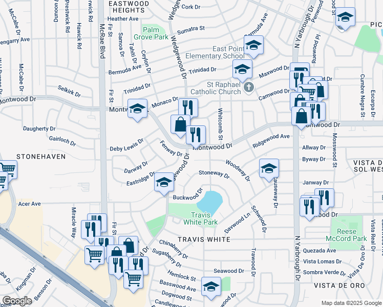 map of restaurants, bars, coffee shops, grocery stores, and more near 2066 Wedgewood Drive in El Paso