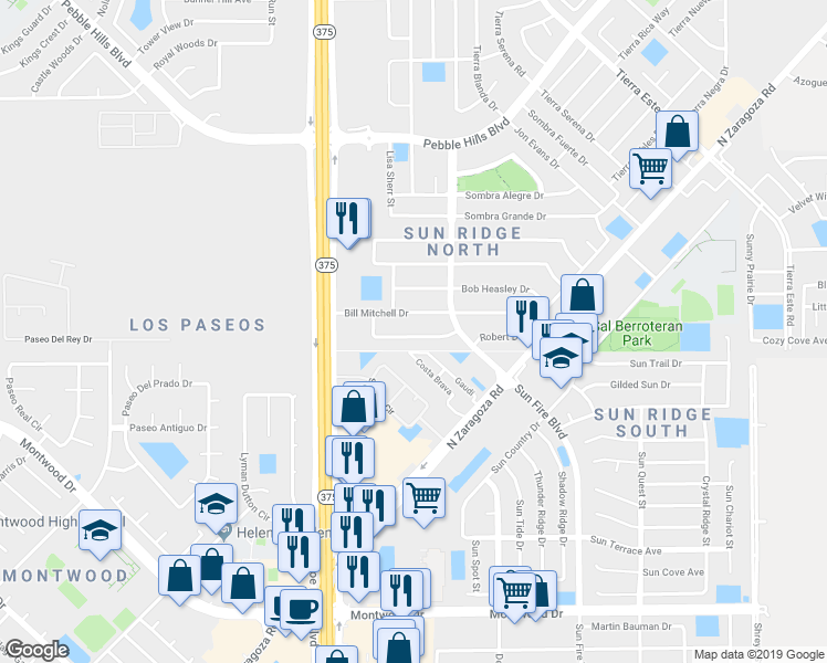 map of restaurants, bars, coffee shops, grocery stores, and more near 12257 Robert Dahl Drive in El Paso