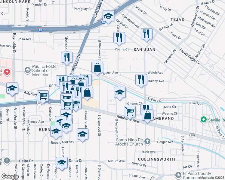 map of restaurants, bars, coffee shops, grocery stores, and more near 187 North Awbrey Street in El Paso