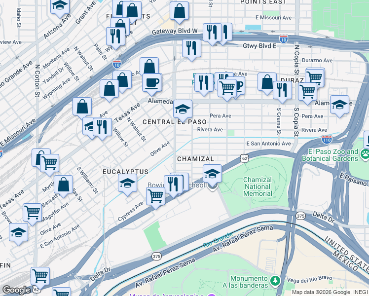 map of restaurants, bars, coffee shops, grocery stores, and more near 2914 East San Antonio Avenue in El Paso