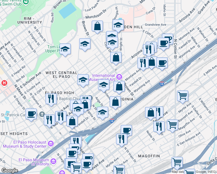 map of restaurants, bars, coffee shops, grocery stores, and more near 1114 East Rio Grande Avenue in El Paso