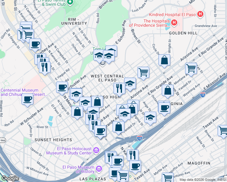 map of restaurants, bars, coffee shops, grocery stores, and more near 1301 North Virginia Street in El Paso
