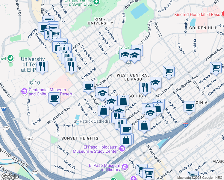 map of restaurants, bars, coffee shops, grocery stores, and more near 1514 North Kansas Street in El Paso