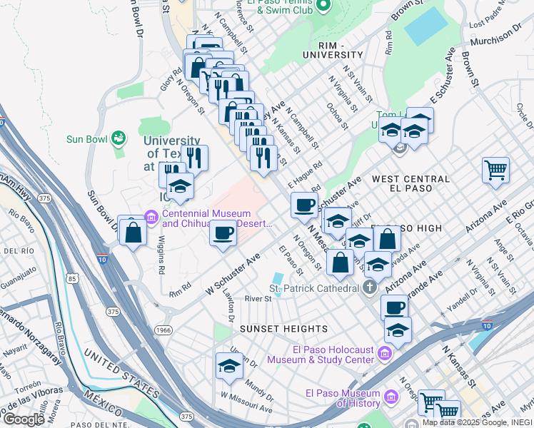 map of restaurants, bars, coffee shops, grocery stores, and more near 101 Rim Road in El Paso