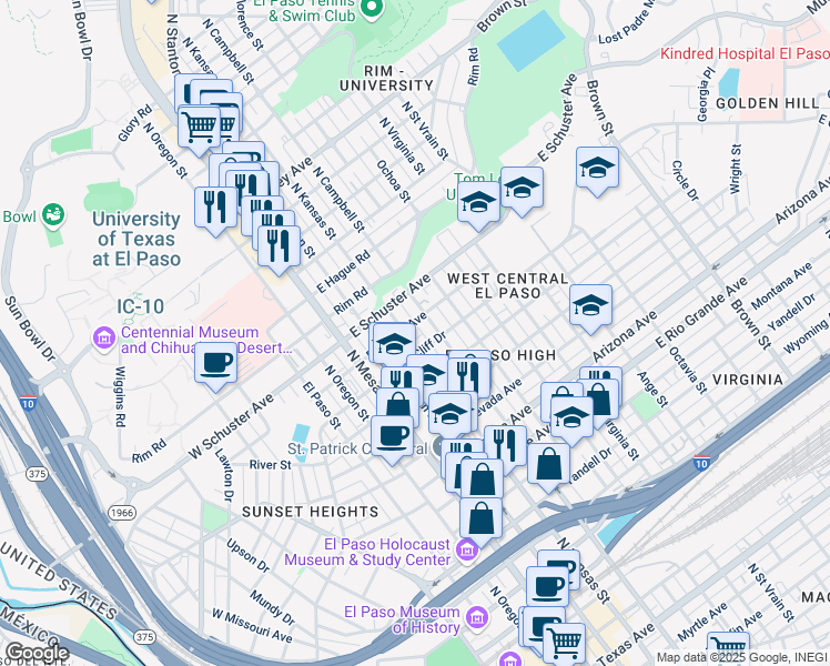map of restaurants, bars, coffee shops, grocery stores, and more near 1514 North Kansas Street in El Paso