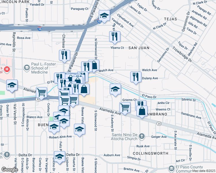 map of restaurants, bars, coffee shops, grocery stores, and more near 187 North Awbrey Street in El Paso