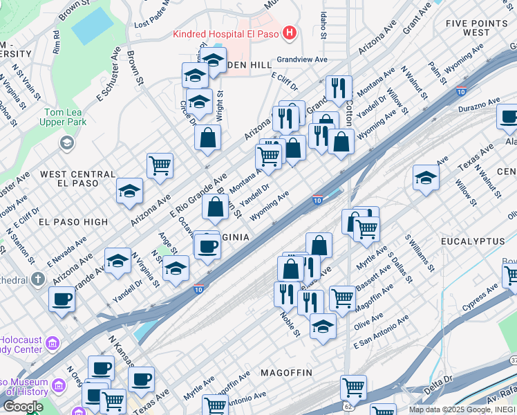 map of restaurants, bars, coffee shops, grocery stores, and more near 1331 Wyoming Avenue in El Paso