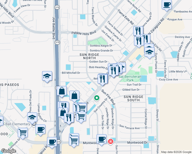 map of restaurants, bars, coffee shops, grocery stores, and more near 12325 Robert Dahl Drive in El Paso