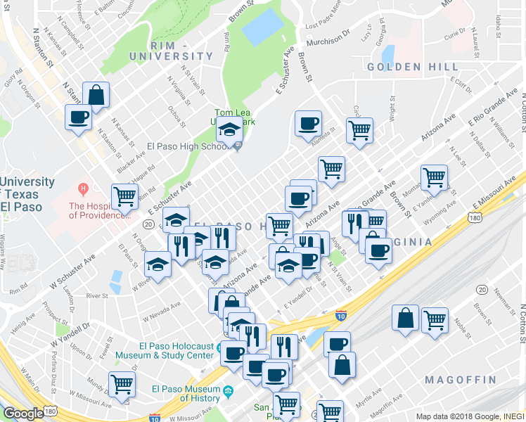 map of restaurants, bars, coffee shops, grocery stores, and more near 1301 North Virginia Street in El Paso