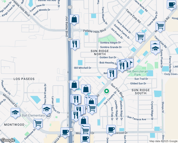 map of restaurants, bars, coffee shops, grocery stores, and more near 12257 Robert Dahl Drive in El Paso