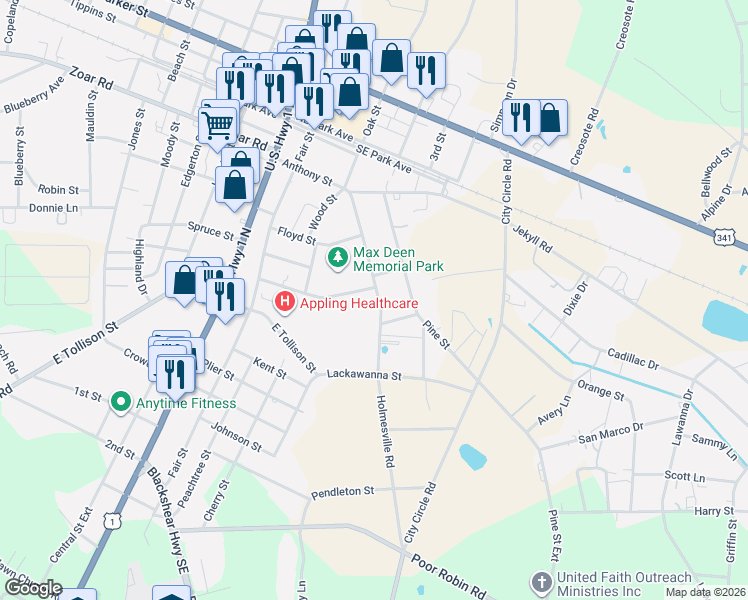 map of restaurants, bars, coffee shops, grocery stores, and more near 274 Holmesville Avenue in Baxley