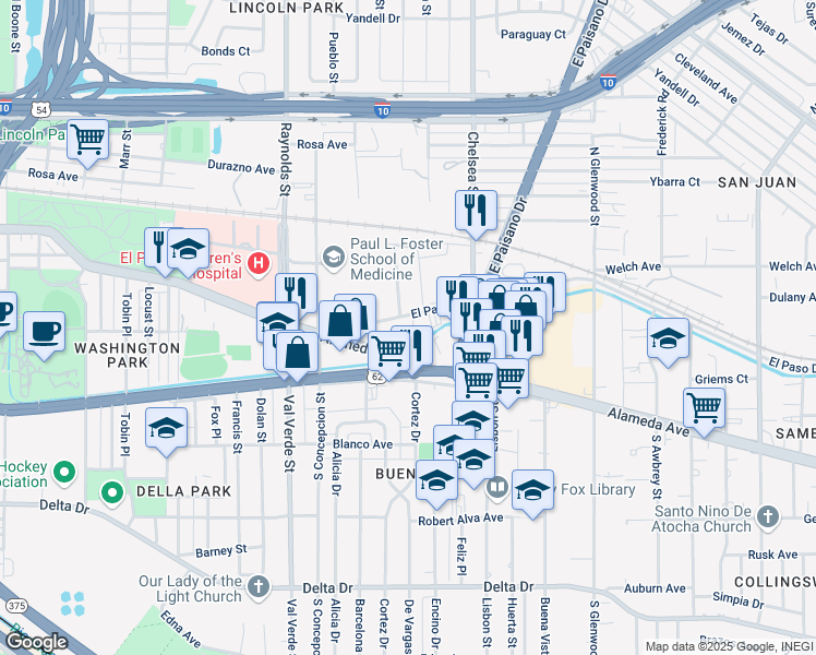 map of restaurants, bars, coffee shops, grocery stores, and more near 5200 El Paso Dr in El Paso