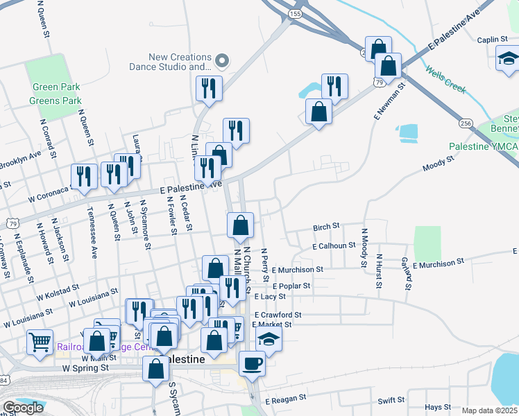 map of restaurants, bars, coffee shops, grocery stores, and more near 1011 North Perry Street in Palestine