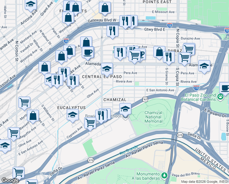 map of restaurants, bars, coffee shops, grocery stores, and more near 3008 East San Antonio Avenue in El Paso