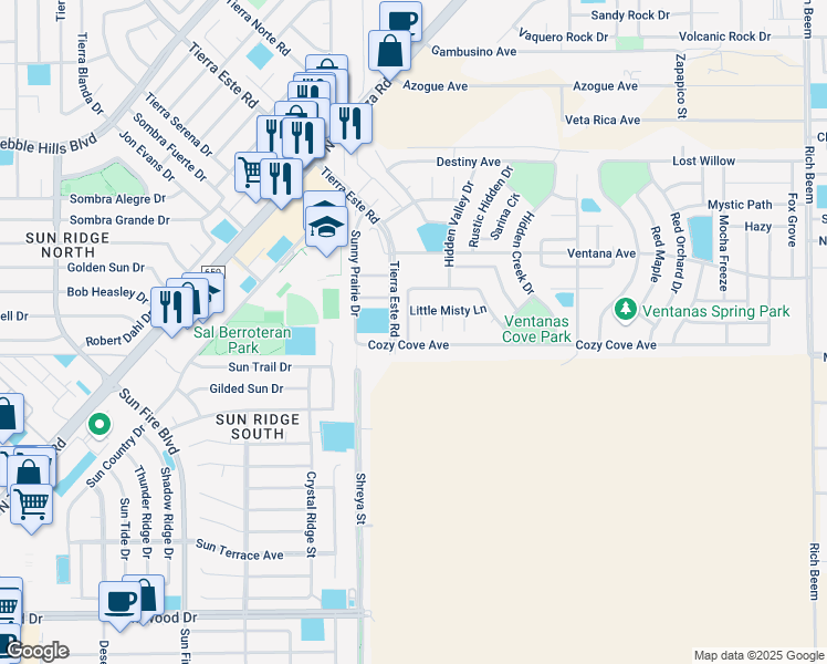 map of restaurants, bars, coffee shops, grocery stores, and more near 3105 Rustic River Place in El Paso
