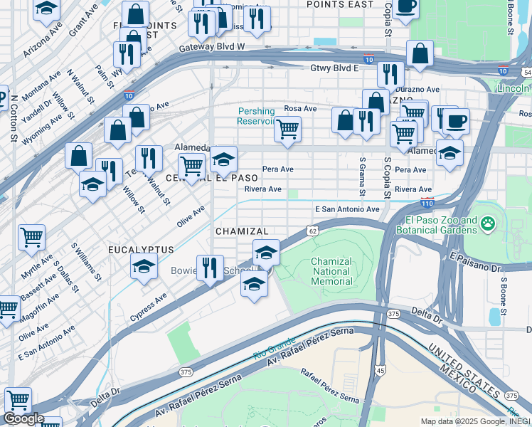 map of restaurants, bars, coffee shops, grocery stores, and more near 3110 East San Antonio Avenue in El Paso