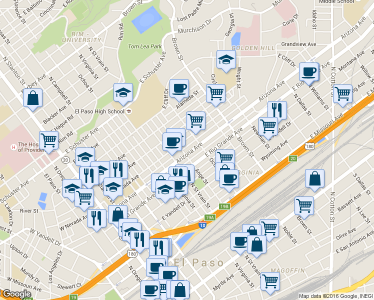 map of restaurants, bars, coffee shops, grocery stores, and more near 901 Arizona Avenue in El Paso
