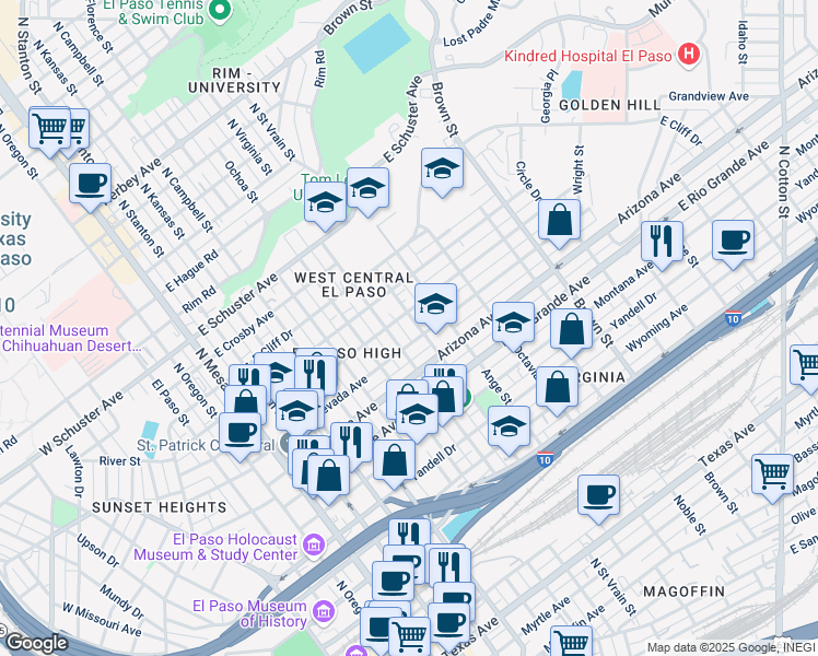 map of restaurants, bars, coffee shops, grocery stores, and more near 1201 North Saint Vrain Street in El Paso