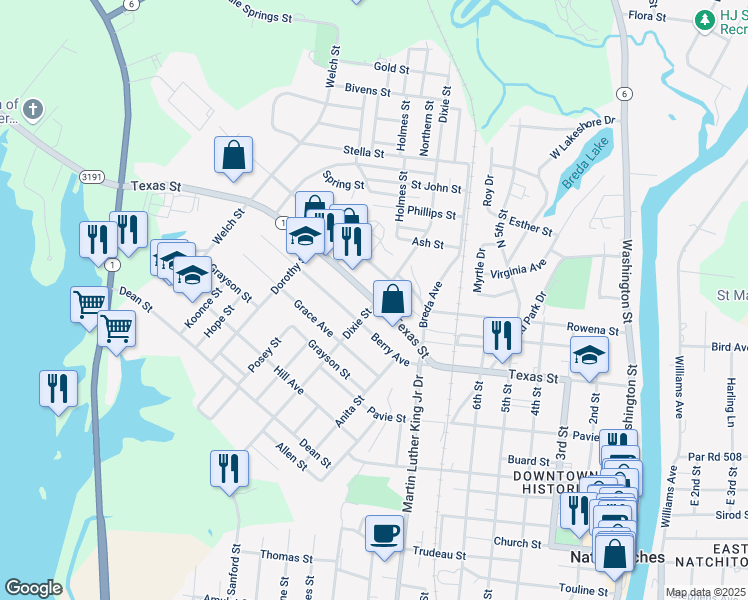 map of restaurants, bars, coffee shops, grocery stores, and more near 1300 Texas Street in Natchitoches