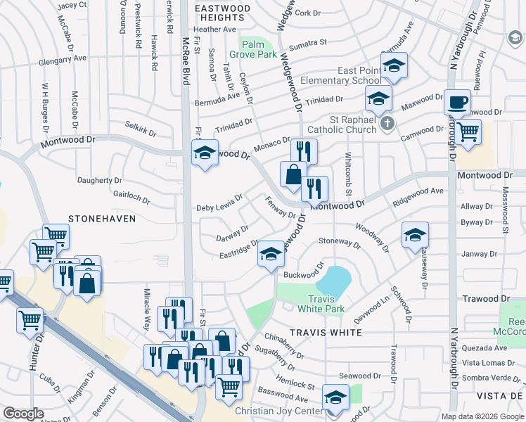 map of restaurants, bars, coffee shops, grocery stores, and more near 2100 Glemmway Place in El Paso