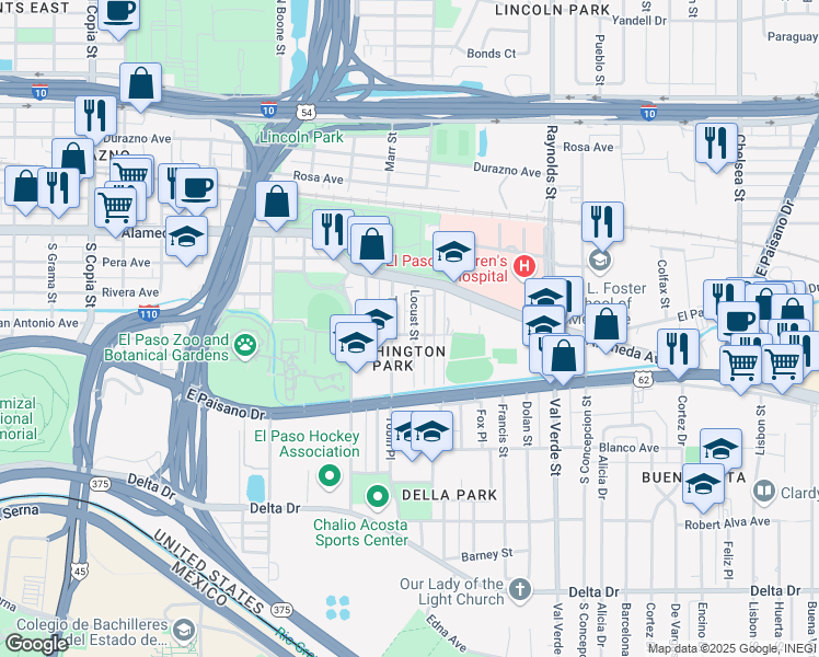 map of restaurants, bars, coffee shops, grocery stores, and more near 141 Locust Street in El Paso