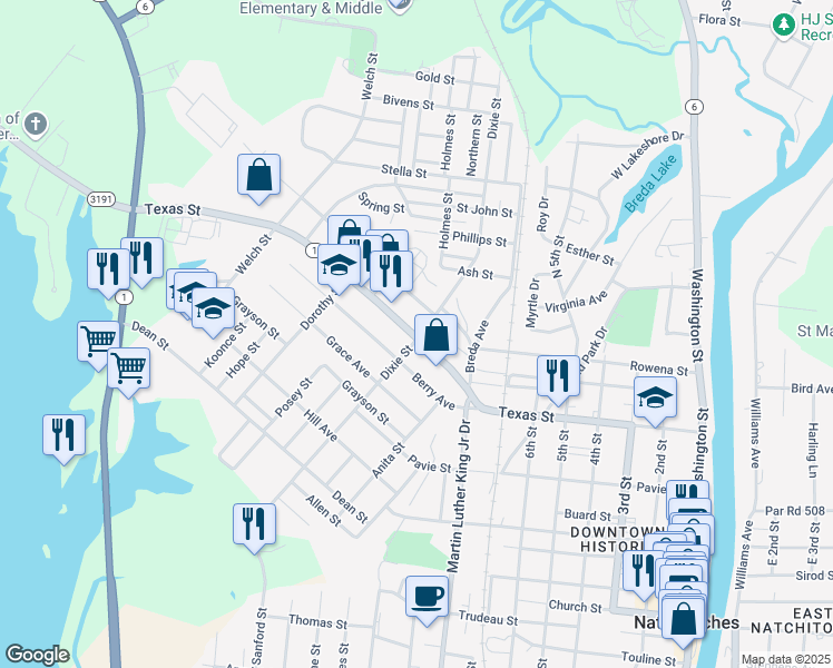 map of restaurants, bars, coffee shops, grocery stores, and more near 1300 Texas Street in Natchitoches