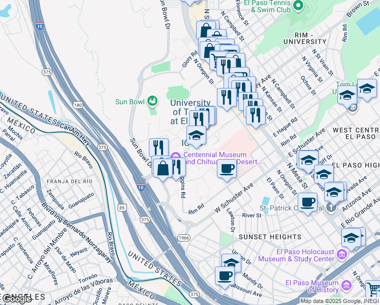 map of restaurants, bars, coffee shops, grocery stores, and more near in El Paso