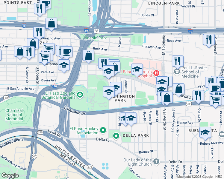 map of restaurants, bars, coffee shops, grocery stores, and more near 152 Linden Street in El Paso
