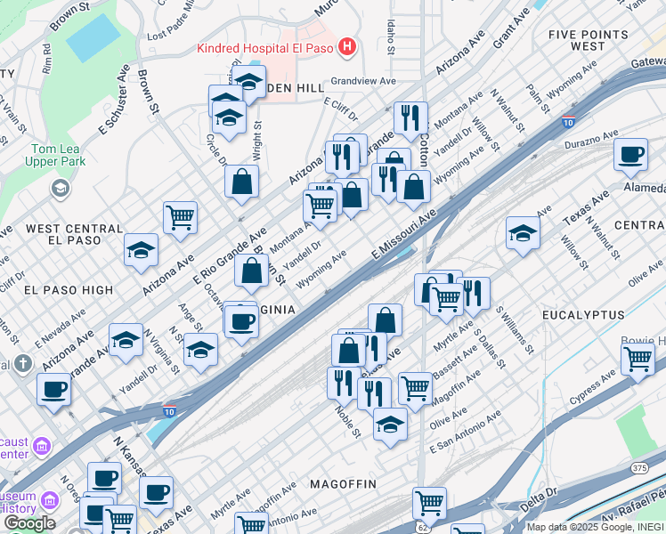 map of restaurants, bars, coffee shops, grocery stores, and more near 1421 East Missouri Avenue in El Paso