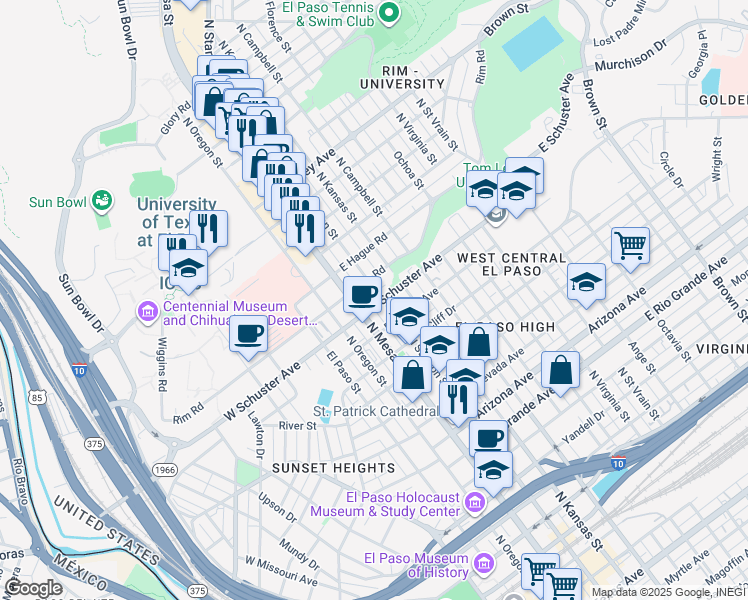 map of restaurants, bars, coffee shops, grocery stores, and more near 1707 North Mesa Street in El Paso