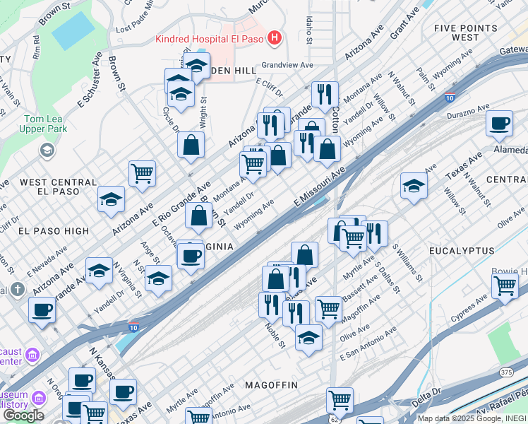 map of restaurants, bars, coffee shops, grocery stores, and more near 1421 East Missouri Avenue in El Paso
