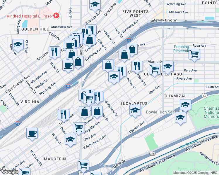 map of restaurants, bars, coffee shops, grocery stores, and more near 1900 Texas Avenue in El Paso