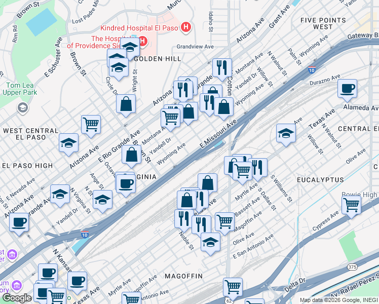 map of restaurants, bars, coffee shops, grocery stores, and more near 1421 East Missouri Avenue in El Paso