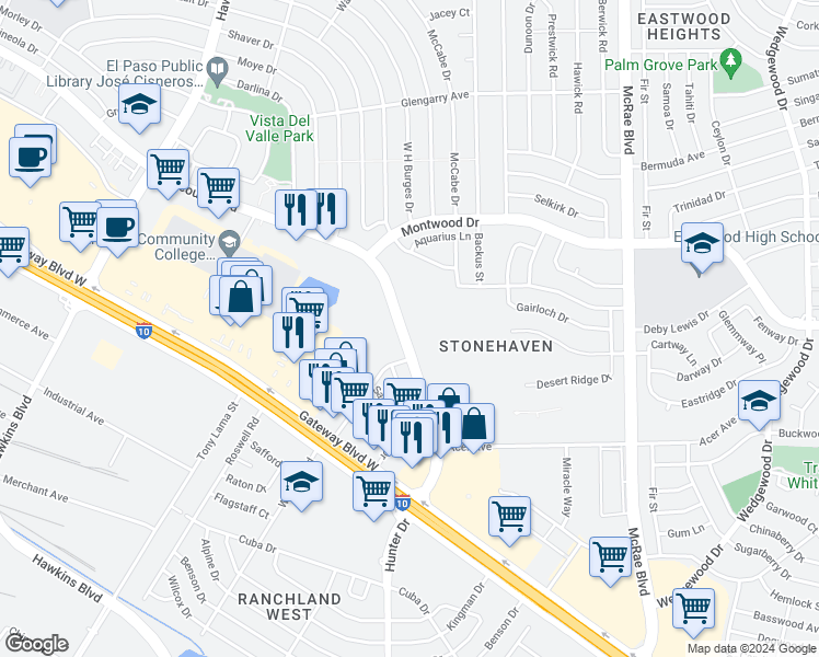 map of restaurants, bars, coffee shops, grocery stores, and more near 9398 Viscount Boulevard in El Paso