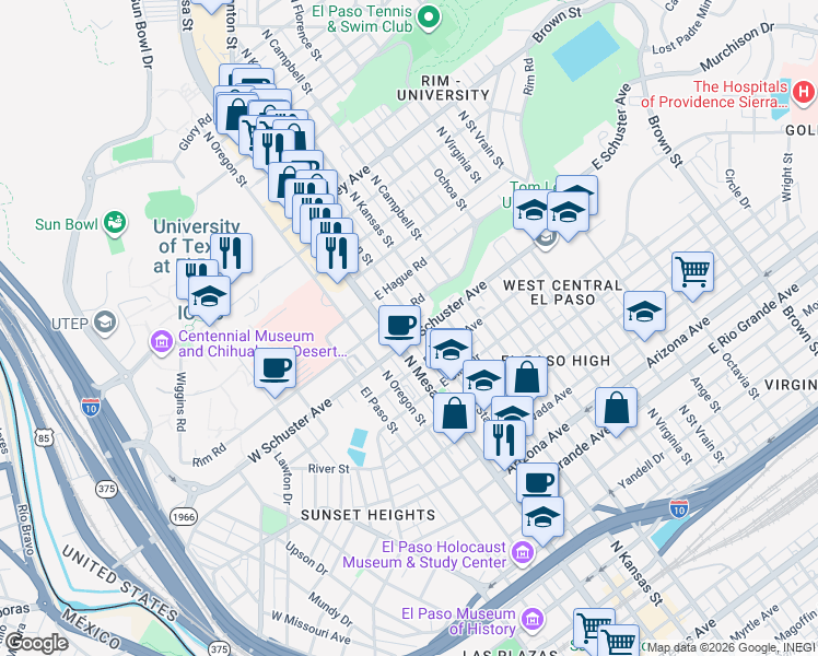 map of restaurants, bars, coffee shops, grocery stores, and more near 1707 North Mesa Street in El Paso