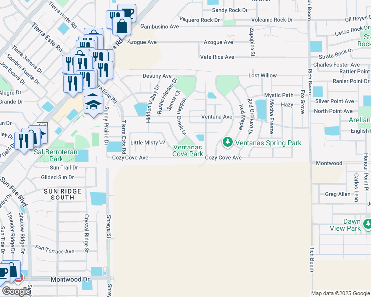 map of restaurants, bars, coffee shops, grocery stores, and more near 3186 Blue Dirt Circle in El Paso