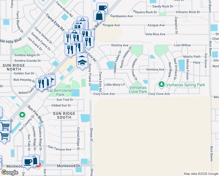 map of restaurants, bars, coffee shops, grocery stores, and more near 12841 Cozy Cove Avenue in El Paso