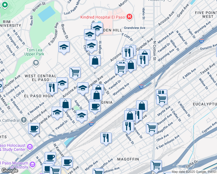 map of restaurants, bars, coffee shops, grocery stores, and more near 1300 Yandell Drive in El Paso