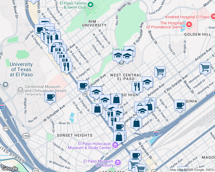 map of restaurants, bars, coffee shops, grocery stores, and more near 504 East Cliff Drive in El Paso