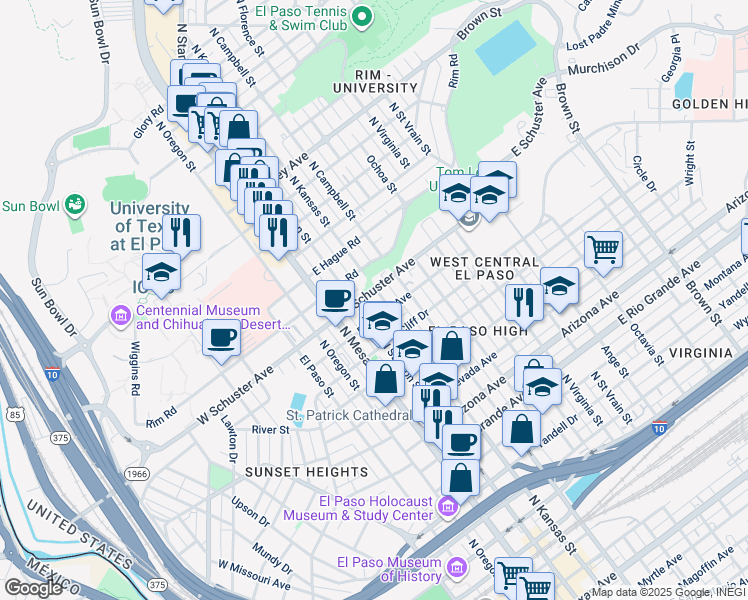 map of restaurants, bars, coffee shops, grocery stores, and more near 1610 North Stanton Street in El Paso
