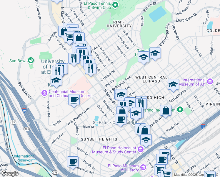 map of restaurants, bars, coffee shops, grocery stores, and more near 1707 North Mesa Street in El Paso