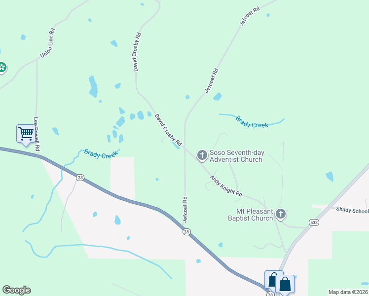 map of restaurants, bars, coffee shops, grocery stores, and more near 78 Jefcoat Road in Soso