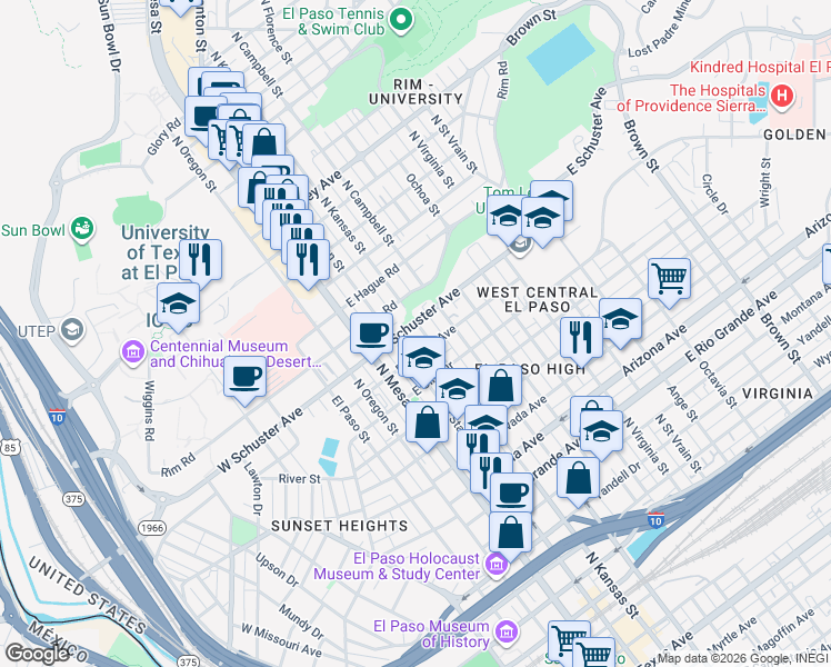 map of restaurants, bars, coffee shops, grocery stores, and more near 1610 North Stanton Street in El Paso