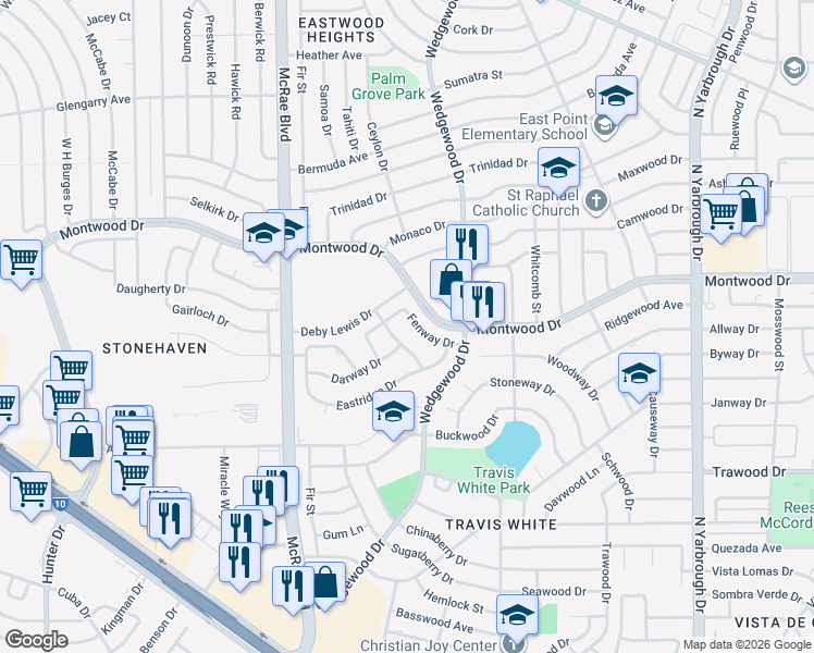 map of restaurants, bars, coffee shops, grocery stores, and more near 2100 Glemmway Place in El Paso