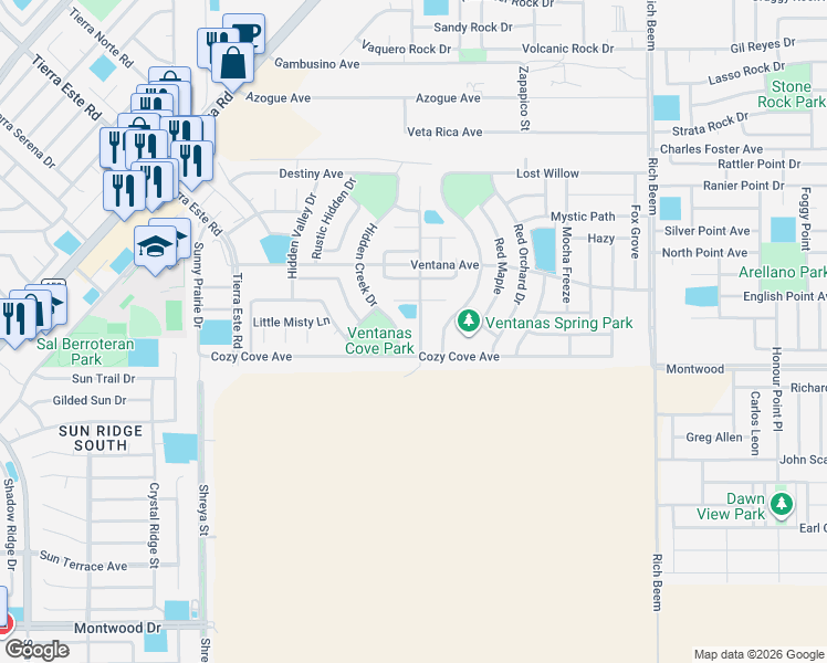 map of restaurants, bars, coffee shops, grocery stores, and more near 3102 Hidden Creek Drive in El Paso