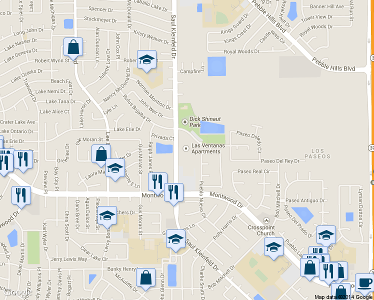 map of restaurants, bars, coffee shops, grocery stores, and more near 2000 Saul Kleinfeld Drive in El Paso