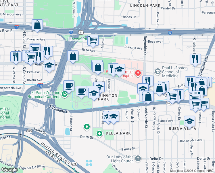 map of restaurants, bars, coffee shops, grocery stores, and more near 141 Locust Street in El Paso