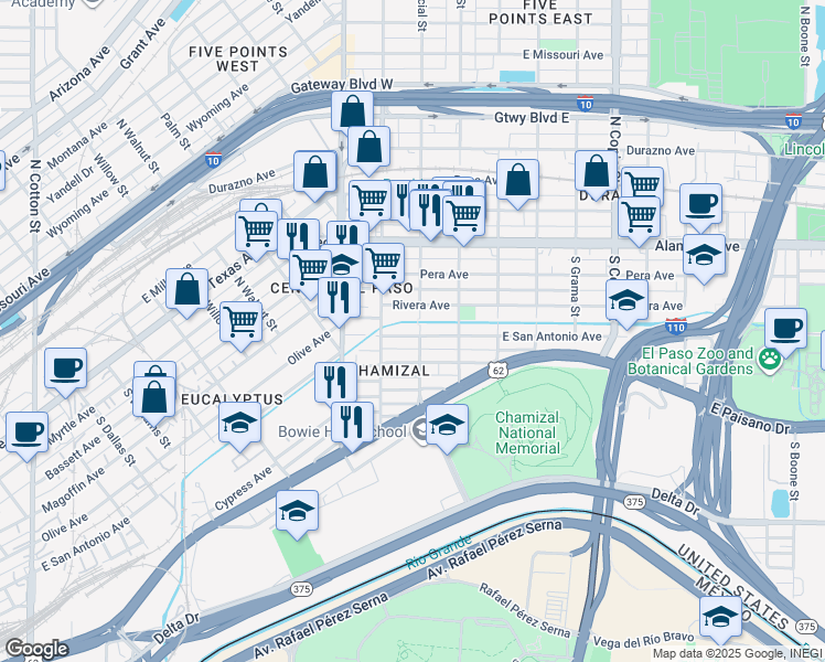 map of restaurants, bars, coffee shops, grocery stores, and more near 3008 East San Antonio Avenue in El Paso