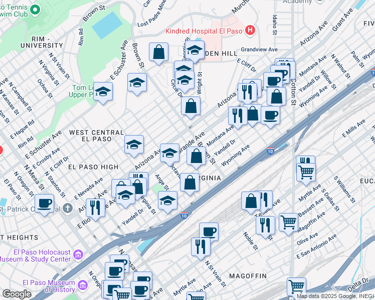 map of restaurants, bars, coffee shops, grocery stores, and more near 1210 Montana Avenue in El Paso