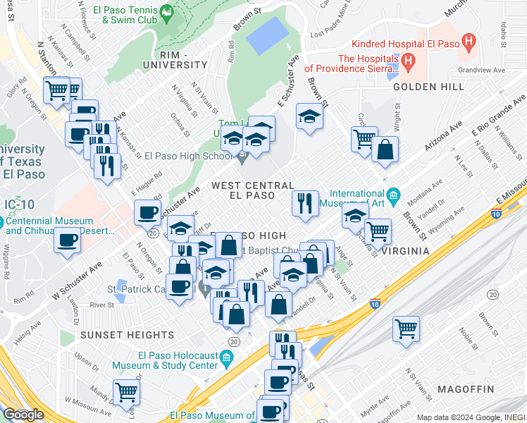 map of restaurants, bars, coffee shops, grocery stores, and more near 1301 North Virginia Street in El Paso